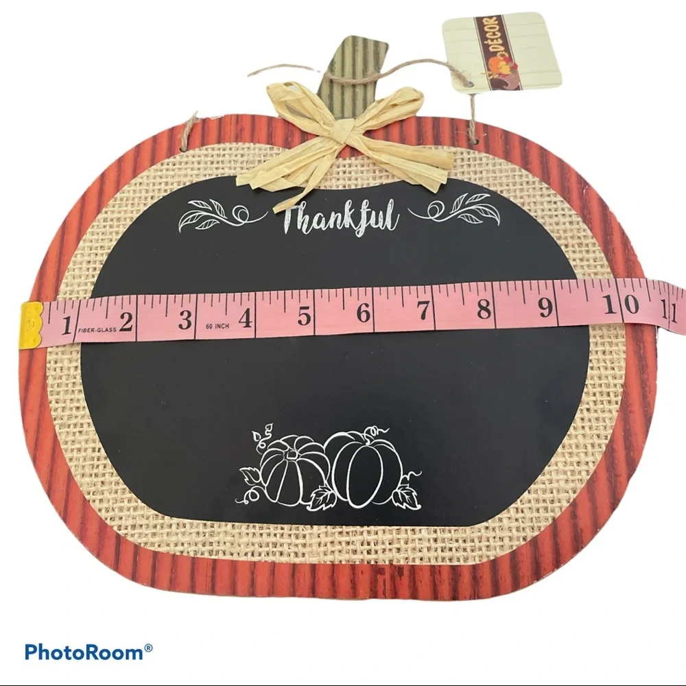 Fall Autumn Pumpkin Chalkboard w Raffia Decor bow hanging 10 1/2 x 7 1/2”